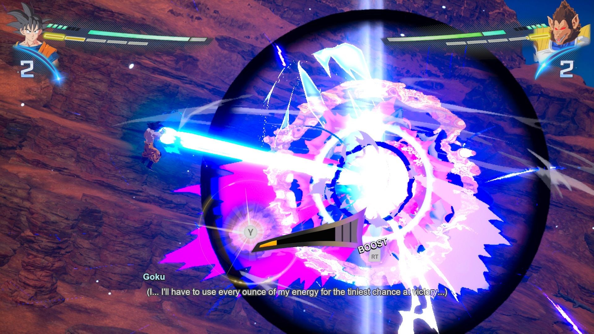 Goku shoots Kamehameha in a massive beam clash.